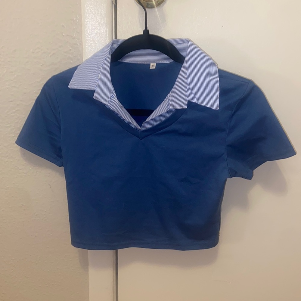 Emmiol Patchwork Polo Neck Crop Top. Size S. Blue